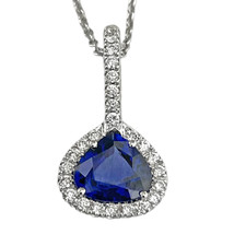18K White Gold - 1.40ct - Fancy Pear Cut Sapphire & Diamond Halo Pendant & Chain 