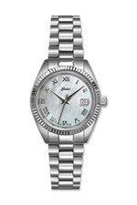 EWJ Ladies Signature Time Piece: Stainless Steel Case, White Dial, Fluted Bezel and Date Window.