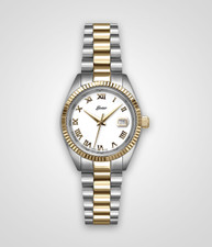 EWJ Ladies Signature Time Piece: Yellow Gold Stainless Steel Case, White Dial, Fluted Bezel and Date Window.