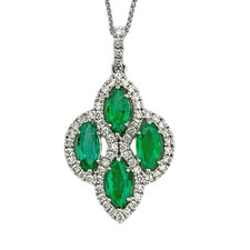 14K White Gold - 1.25ctw - Marquise Cut Emerald & Diamond Halo Pendant & Chain (0.38ct)