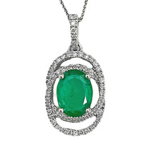 14K White Gold - 1.50ctw - Oval Cut Emerald & Diamond Halo Pendant & Chain (0.33ct)