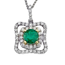 14K White Gold - 0.46ctw - Round Cut Emerald & Diamond Halo Pendant & Chain (0.38ct)