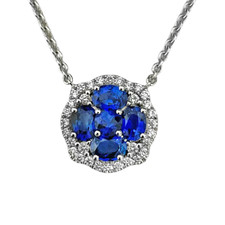 18K White Gold - Blue Sapphire & Diamond Clover Style Necklace