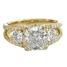 14K Yellow Gold - 1.77ct  - Lab Cushion Three Stone Split Shank Diamond Engagement Ring 
