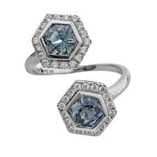 14K White Gold - 1.00ct - Double Hexagon Montana Sapphire & Diamond Halo Ring