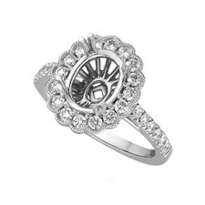 14K WHITE GOLD - 0.75ct - VINTAGE STYLED OVAL SHAPED DIAMOND HALO DIAMOND ENGAGEMENT RING SETTING