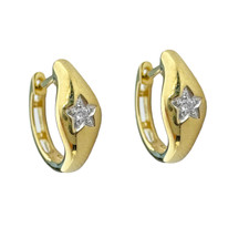 14K Yellow Gold - Round Diamond Star Cut Petite Hoop Earrings