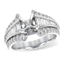 14K White Gold - 0.98ct - Round & Baguette Cut Diamond Engagement Ring Setting