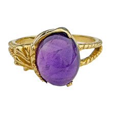 14K Yellow Gold - Oval Cab Amethyst Floral Style Ring