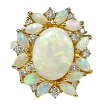 14K Yellow Gold - 2.20ct - Opal Gemstone & Diamond Floral Fashion Ring