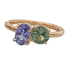 14K Rose Gold - Round Green Sapphire & Purple Oval Sapphire Two Stone Ring (1.22ct)