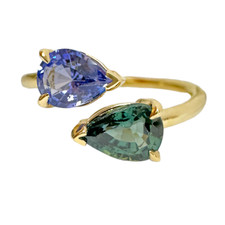 14K Yellow Gold - 1.60ct - Bypass Style Pear Cut Green & Lavender Sapphire Two Stone Ring