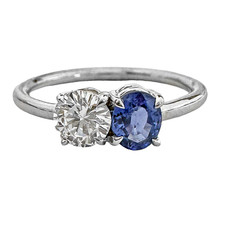 14K White Gold - Round Cut Diamond & Oval Blue Sapphire Two Stone Ring