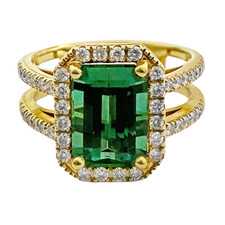 18K Yellow Gold - Emerald Cut Green Tourmaline Halo  Split Shank Fashion Ring