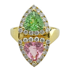 18K Yellow Gold - Two Stone Pink Tourmaline and Mint Garnet Trillion Cut  Diamond Halo Ring 