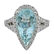 18K White Gold -  Pear Shape Aqua Diamond Halo Split Shank Fashion Ring
