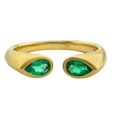 18K Yellow Gold - Kim Collins Designer Two Stone Pear Shape Emerald Huggy Ring - 0.50ct