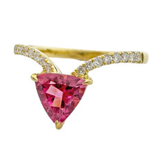 18K Yellow Gold -Trillion Cut Rubellite Gemstone & Diamond Chevron V Style Ring