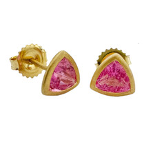 18K Yellow Gold - Kim Collins Bezel Set Trillion Cut Pink Tourmaline  Studs - 1.41ct