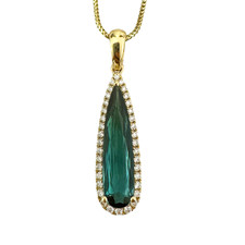 14K Yellow Gold - Green Tourmaline Elongated Pear Pendant & Diamond Halo