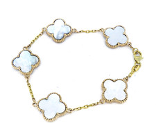 14K Yellow Gold - Mother of Pearl Clover Link Fancy Bezel Set Fashion Bracelet - 7 inch