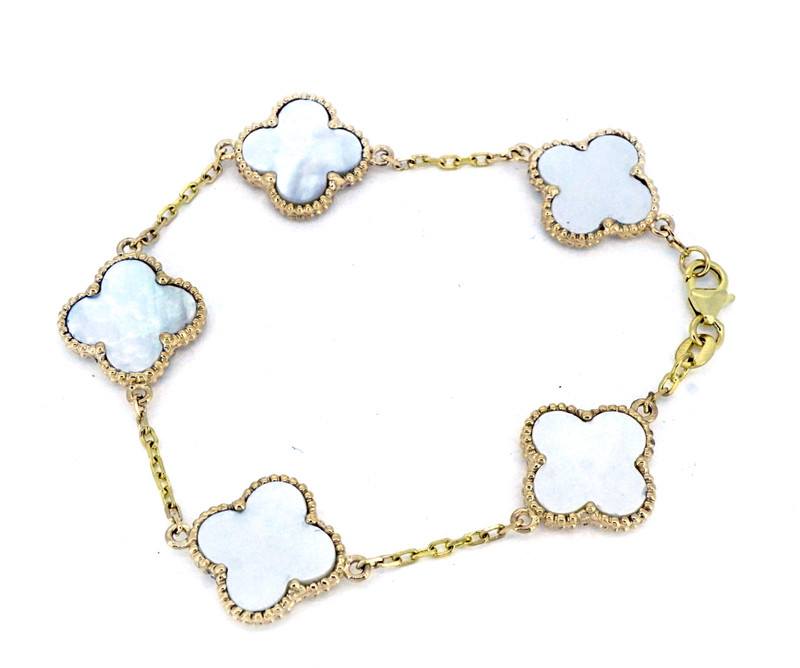 14K Yellow Gold - Mother of Pearl Clover Link Fancy Bezel Set