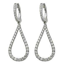 18K White Gold - 0.90ct - Round Diamond Tear Drop Style Dangling Earrings