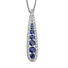 14K White Gold - 0.52ct - Round Sapphire & Diamond Pear Shaped Pendant & Chain (0.27ct)
