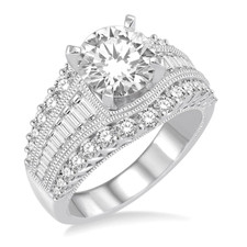14K White Gold - 1.45ct - Round & Baguette Cut Diamond Three Row Style Engagement Ring Setting