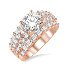 14K Rose Gold - 1.70ct - Round & Baguette Cut Diamond Multi Row Diamond Engagement Ring Setting