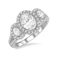 14K White Gold - 0.80ct - Oval Cut Three Stone Halo Style Engagement Ring Setting