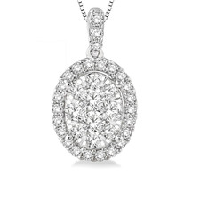 14K White Gold - 1.00ct - Round Diamond Oval Shaped Love Bright Premium Cluster Style Pendant & Chain