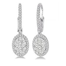 14K White Gold -1.00ct - Round Diamond Love Bright Cluster Style Oval Dangling Earrings