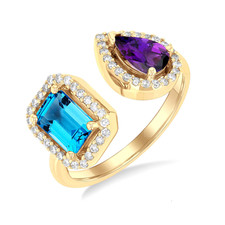 14K Yellow Gold - Blue Topaz & Amethyst Two Stone Halo Fashion Ring (0.20ct)