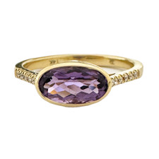 14K Yellow Gold - Sideways Bezel Set Oval Amethyst & Diamond Fashion Ring - 0.08ct.