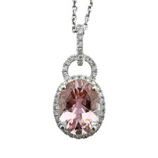 14K White Gold - 1.70ct - Oval Cut Pastel Pink Tourmaline & Diamond Halo Pendant & Chain (0.23ct)