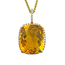 14K Yellow Gold - 8.00ct - Cushion Cut Citrine & Diamond Halo Fashion Pendant & Chain (0.27ct)