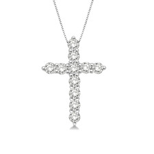 14K White Gold - 0.50ct - Round Cut Diamond Shared Prong Cross Pendant & Chain