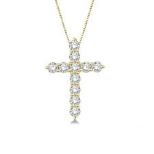 14K Yellow Gold - 0.75ct - Round Cut Diamond Shared Prong Cross Pendant & Chain