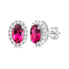 10K White Gold - 5x3 - Oval Pink Tourmaline & Diamond Halo Stud Earrings (0.13ct)
