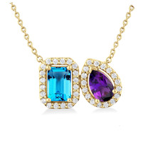 14K YG - Emerald Cut BT & Pear Amethyst Two Stone Diamond Halo Necklace - 0.25ct.
