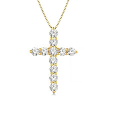 14K Yellow Gold - 1.00ct - Round Cut Diamond Shared Prong Cross Pendant & Chain