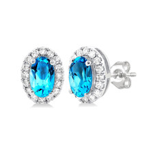 10K White Gold - 5x3 - Oval Blue Topaz & Diamond Halo Stud Earrings (0.13ct)