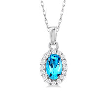 10K White Gold - 5x3 - Oval Blue Topaz & Diamond Halo Pendant & Chain (0.07ct)