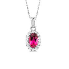 10K White Gold - 5x3 - Oval Pink Tourmaline & Diamond Halo Pendant & Chain (0.07ct)