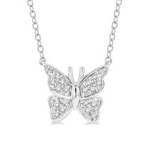 10K White Gold - Petite Round Diamond Set Butterfly Necklace - .07ct