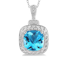Sterling Silver - 10MM Cushion Cut Checkerboard Cut Blue Topaz & Diamond Pendant & Chain