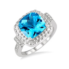 Sterling Silver - 8MM Cushion Cut Checkerboard Cut Blue Topaz & Diamond Fashion Ring