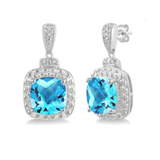 Sterling Silver - 8MM Cushion Cut Checkerboard Cut Blue Topaz & Diamond Dangling Earrings