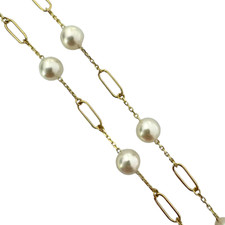 14K Yellow Gold - 6mm Round Pearl Stationed Paper Clip Necklace - 21 inch